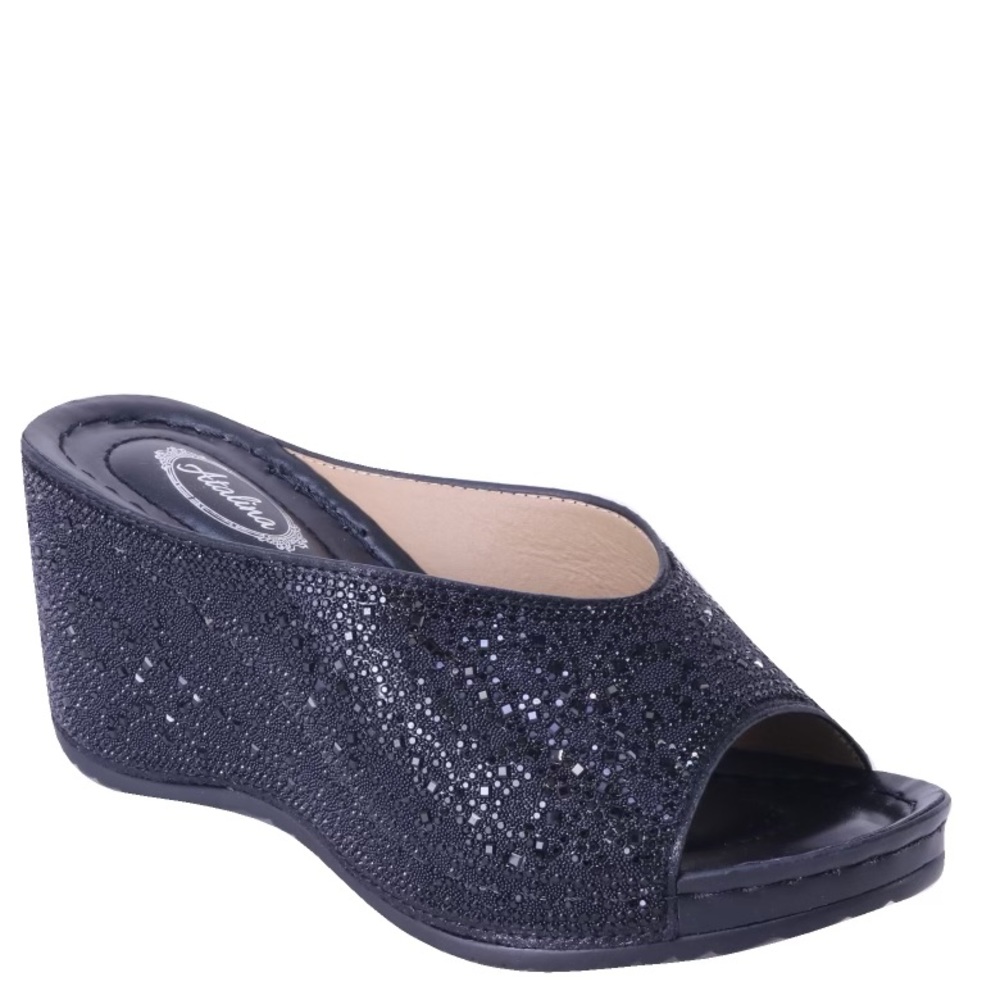Italina Black Rhinestone Embellished Wedge Heeled Padded Slide Sandals - Picture 12 of 12